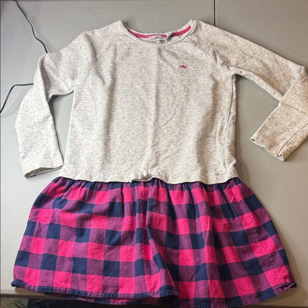 Vineyard Vines Gray and Pink Plaid Long Sleeve Dress